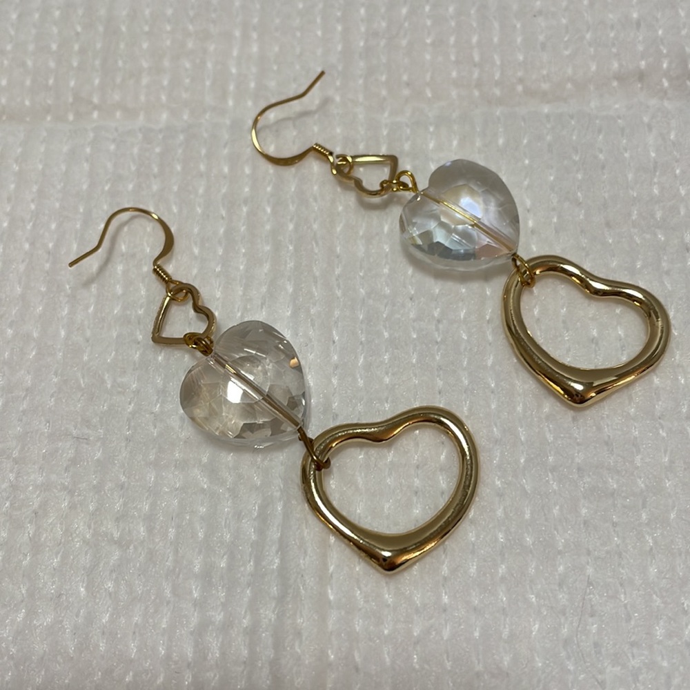 Gold and Crystal Heart Dangle Earrings 22K GP Ear Wires - Picture 4 of 6